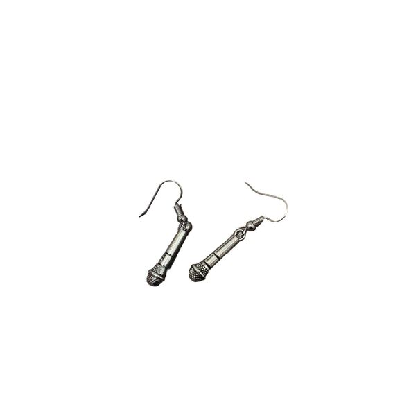 Retro Novelty Microphone Silver Dangle Earrings - Picture 2 of 3